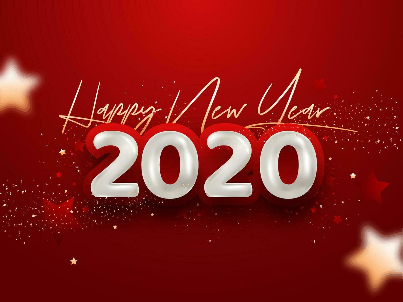 contento nuovo anno 2020 font nel d'oro e bianca colore e coriandoli decorato su rosso sfondo. vettore