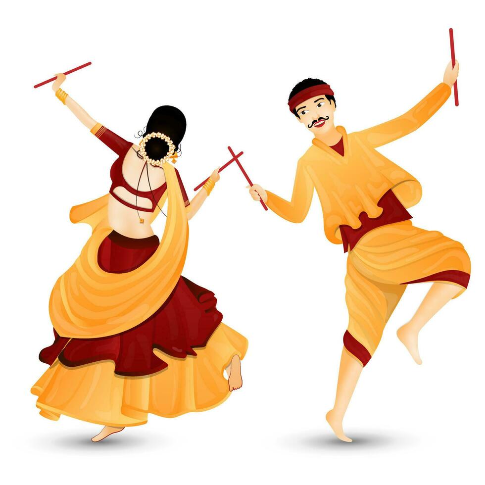 giovane coppia personaggio danza con dandiya bastoni. vettore