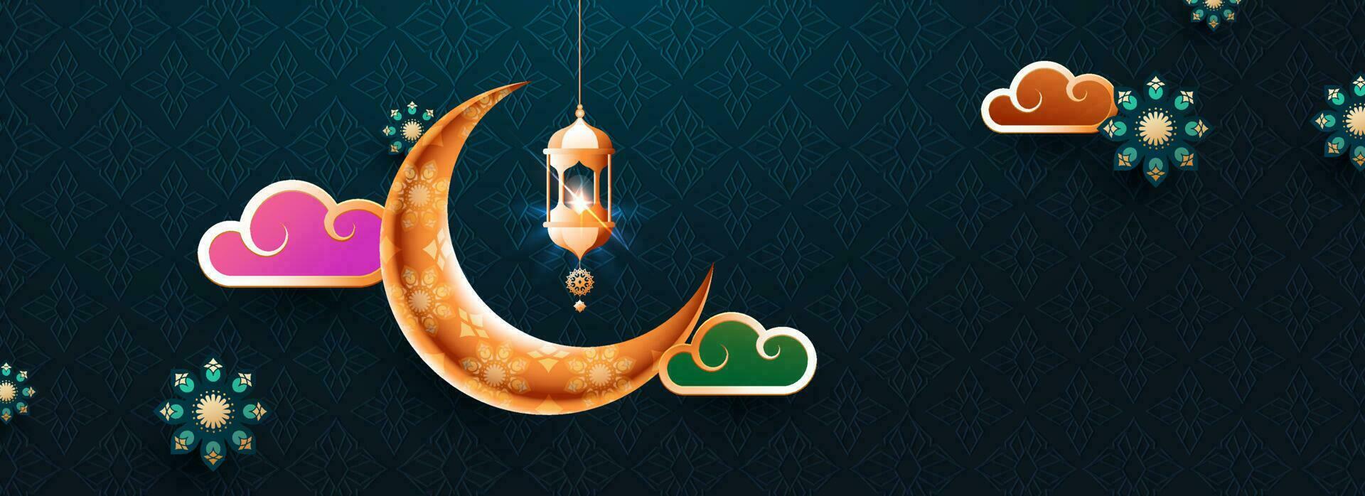 colorato splendente illustrazione di lanterna, Luna, e cielo su Ramadan kareem su grigio sfondo intestazione bandiera o manifesto design. vettore