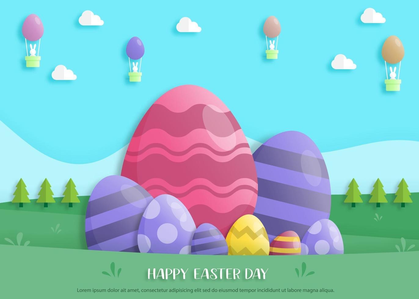 felice giorno di Pasqua in stile art paper con coniglio e uova di Pasqua vettore