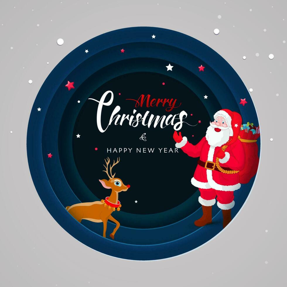 illustrazione di Santa Claus sollevamento un' pesante regalo sacco con renna su carta tagliare stile sfondo per allegro Natale e contento nuovo anno celebrazione. vettore