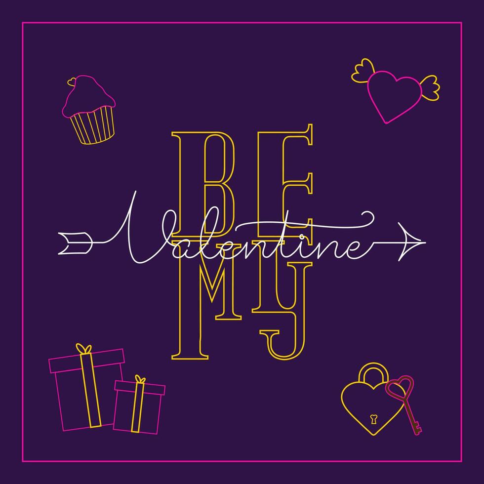 essere mio San Valentino Messaggio testo con linea arte amore angelo, cupcake, regalo scatole e bloccato cuore con chiave su viola sfondo. vettore