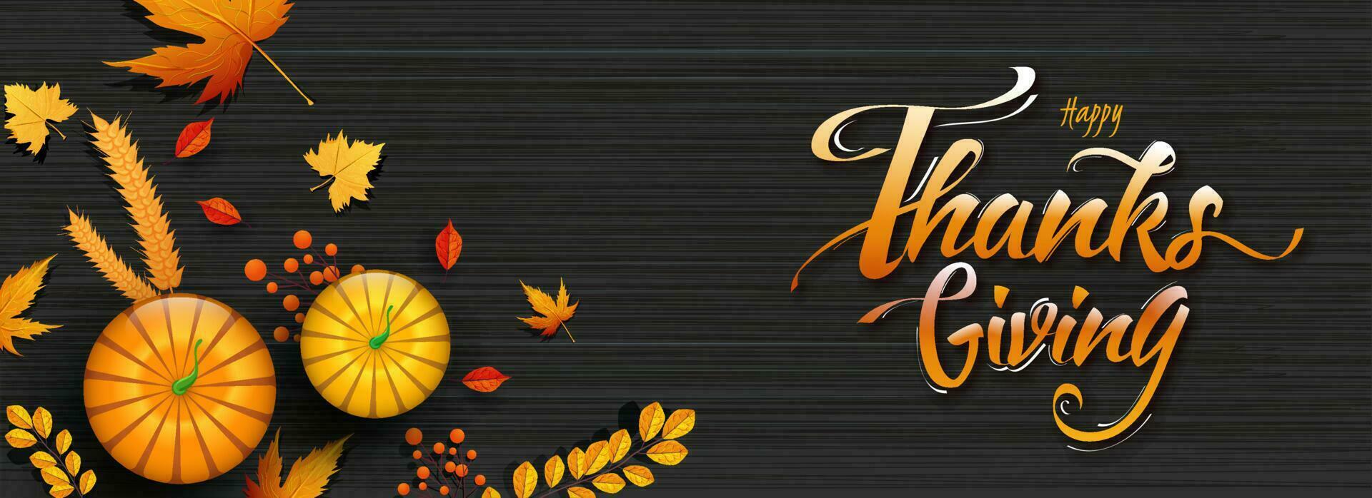 sito web intestazione o bandiera design con calligrafia contento ringraziamento, superiore Visualizza di zucche, Grano, bacca e autunno le foglie su nero struttura sfondo. vettore