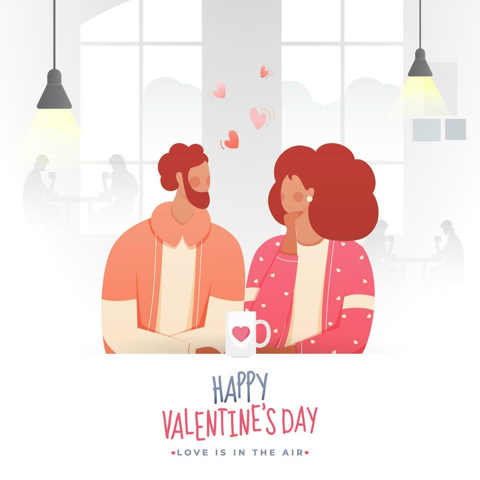 senza volto giovane coppia potabile tè o caffè nel bar su il occasione di contento San Valentino giorno, amore è nel il aria. vettore
