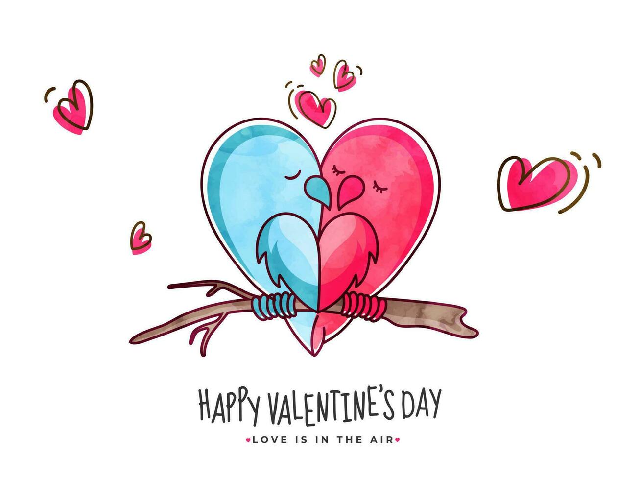 blu e rosa acquerello amorevole uccelli coppia seduta su ramo con cuori per contento San Valentino giorno celebrazione. vettore
