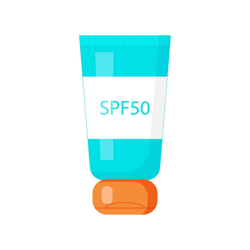 sole schermo protezione crema spf50. vettore piatto illustrazione. blu e arancia colore bottiglia di crema solare.