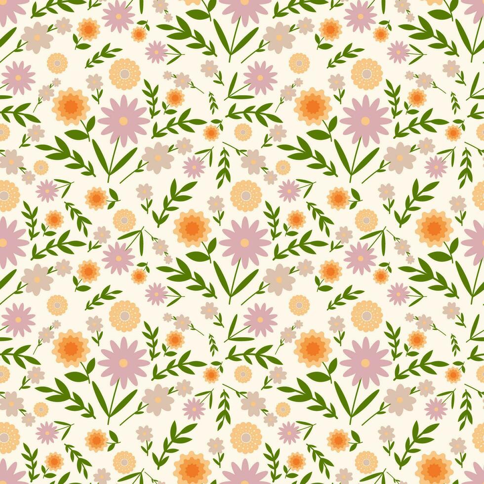 senza soluzione di continuità floreale vettore modello. superficie design con piccolo impianti come fiori, foglie, ramoscelli, isolato su un' beige sfondo.