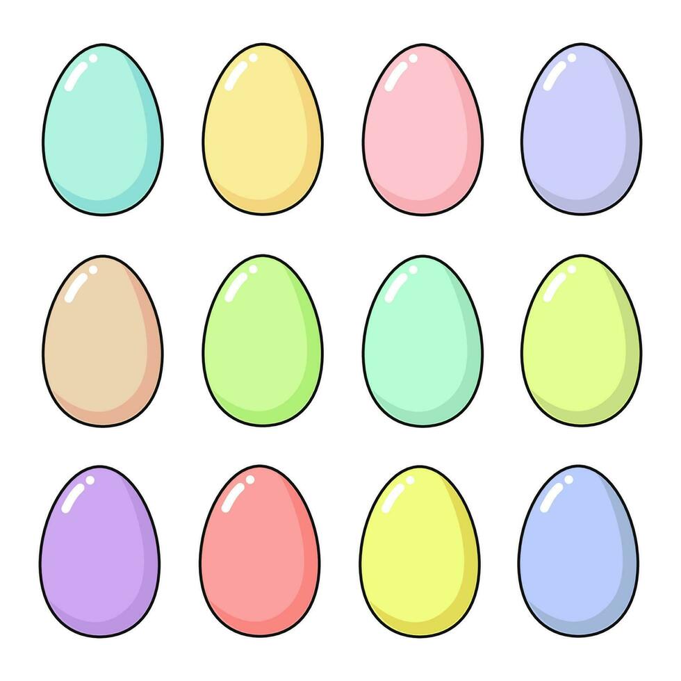 contento Pasqua impostato con un' dozzina Pasqua uova. divertimento vacanza elementi nel delicato colori - rosa, blu, giallo, verde, lilla, viola, menta e corallo. piazza formato, vettore piatto illustrazione isolato