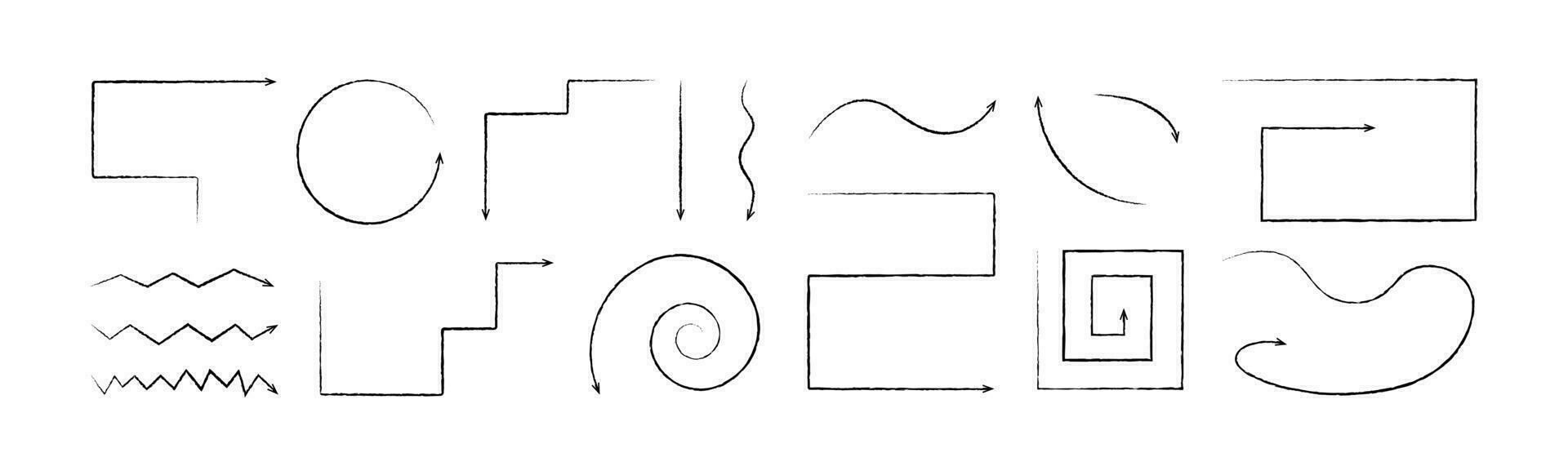 un' impostato di moderno vettore curvo frecce disegnato nel nero matita di mano nel il scarabocchio stile. vettore illustrazione di un' collezione di puntatori isolato su un' bianca sfondo.