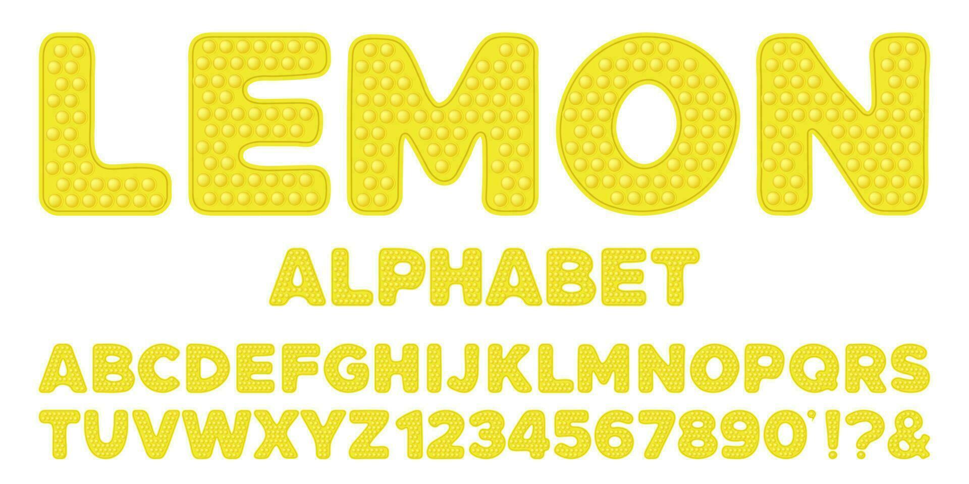 popping giocattolo font design - alfabeto e numeri impostato nel stile di di moda silicio agitarsi giocattoli nel giallo colore. bolla sensoriale lettere. isolato cartone animato vettore illustrazione.