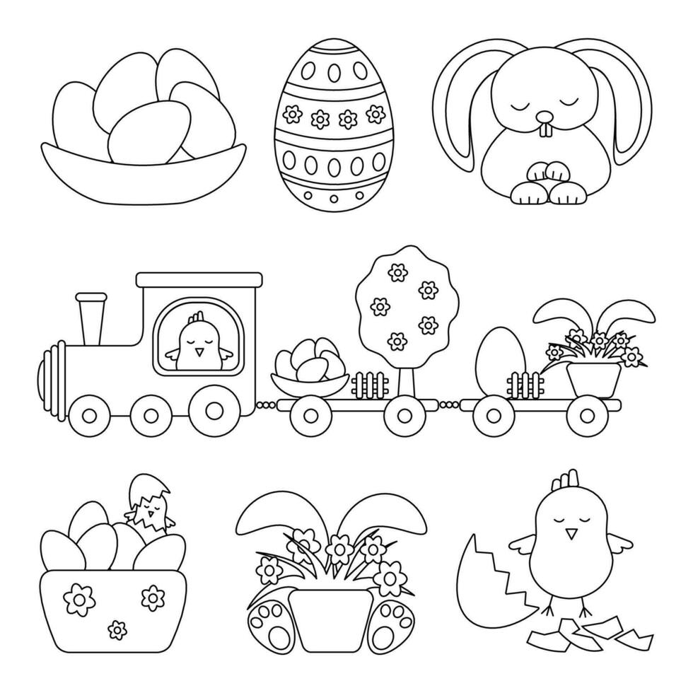 collezione di contento Pasqua personaggio modello - carino coniglio, pollo, treno, fiori, Pasqua uova, erba. festivo vettore illustrazione nel il stile di mano- disegnato scarabocchi isolato su un' bianca sfondo