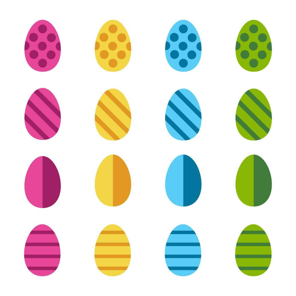 contento Pasqua impostato di Pasqua dipinto uova. vacanza elementi nel luminosa colori - rosa, blu, giallo e verde con geometrico elementi. piazza formato vettore piatto illustrazione isolato su bianca sfondo.