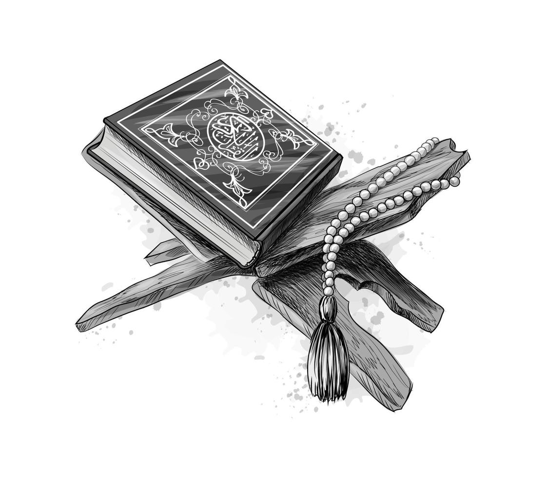 libro sacro del corano con rosario festa musulmana eid mubarak eid al fitr ramadan kareem schizzo disegnato a mano illustrazione vettoriale di vernici