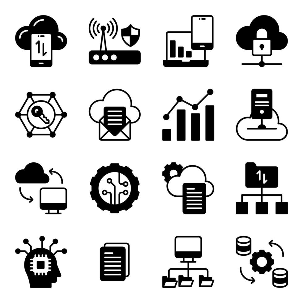 pacchetto di icone del glifo per la gestione dei dati cloud vettore