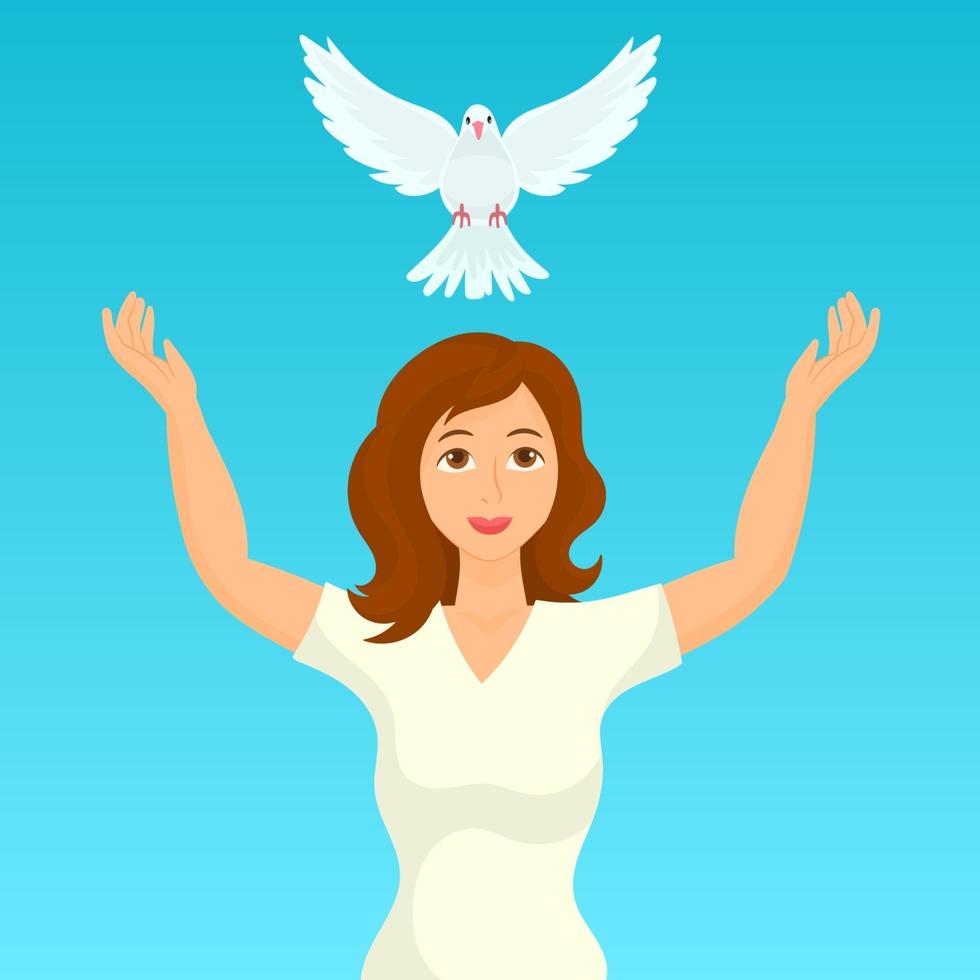 donna che rilascia una colomba bianca simbolo di pace e libertà vettore