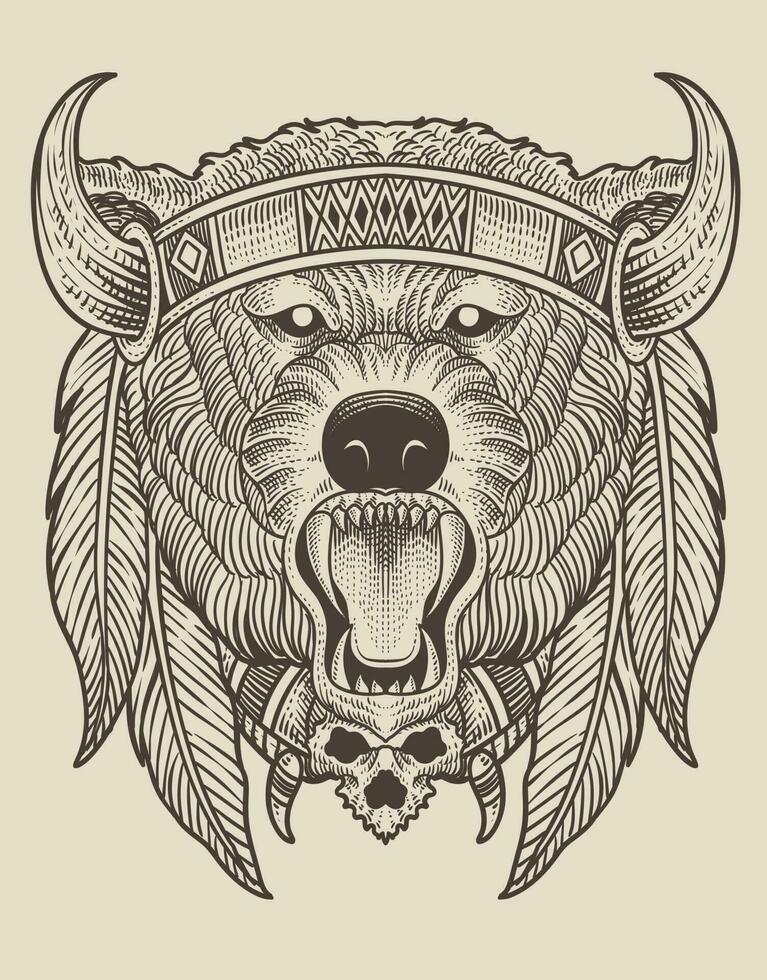 illustrazione tribale orso testa con incisione stile su nero sfondo vettore