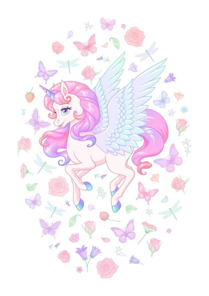 unicorno rosa volante con ali circondato da fiori e farfalle illustrazione vettoriale