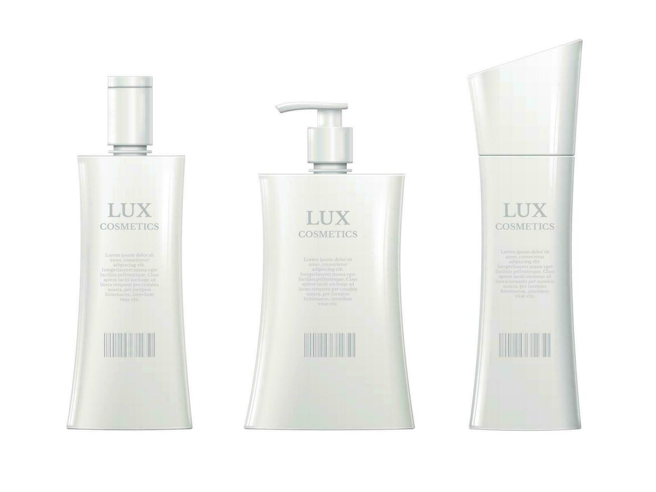 realistico cosmetico bottiglie. bianca 3d shampoo bottiglia, terme maschera pacchetto e bagno doccia latte gel sapone isolato vettore impostato