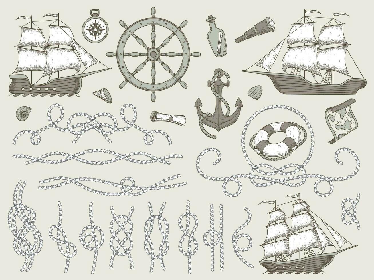 decorativo marino elementi. mare corda cornici, andare in barca barca o nautico nave timone ruota e nautico corde angoli vettore impostato
