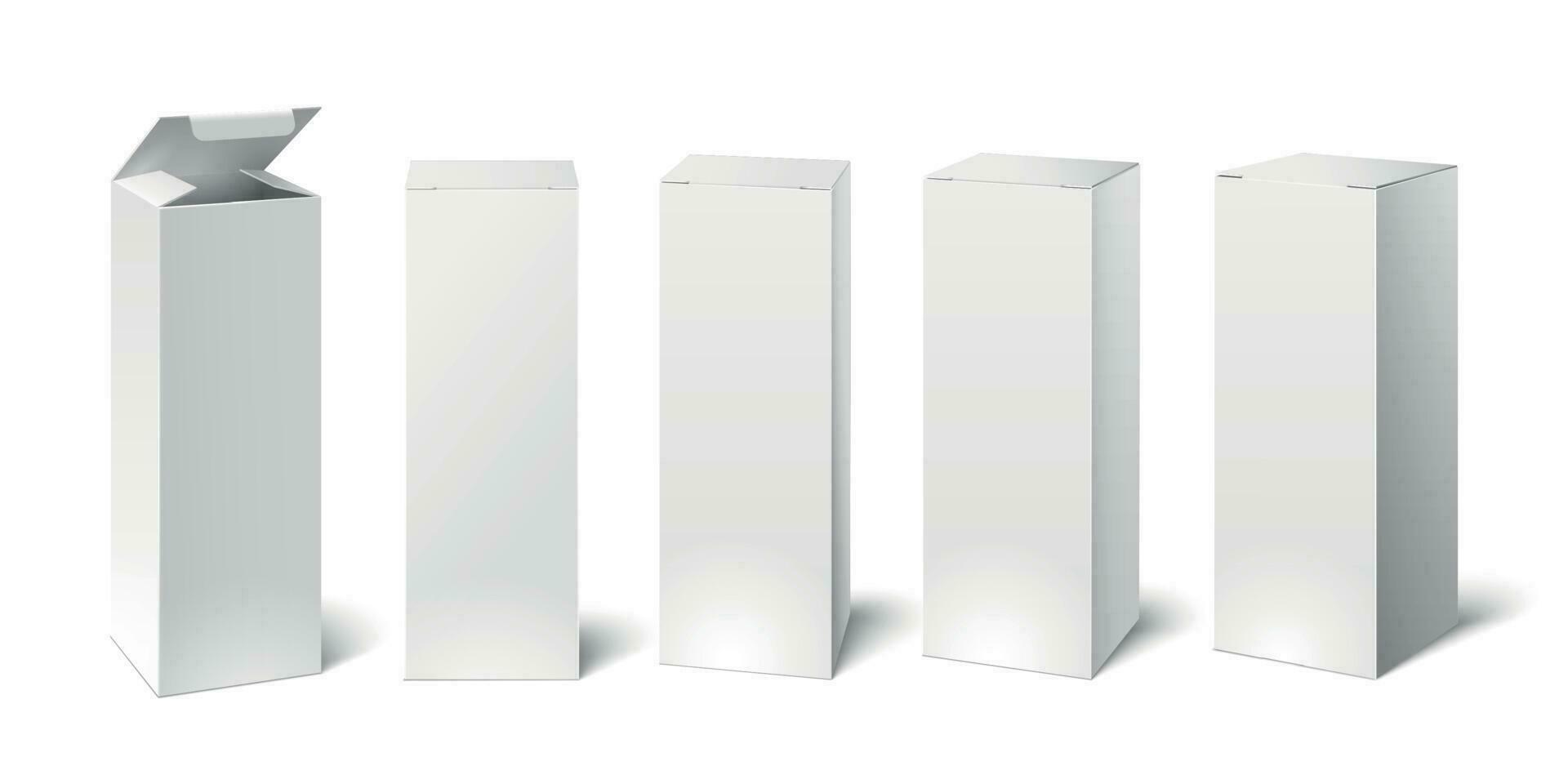 alto bianca cartone scatola modello. impostato di cosmetico o medico confezione, carta scatole. vettore illustrazione