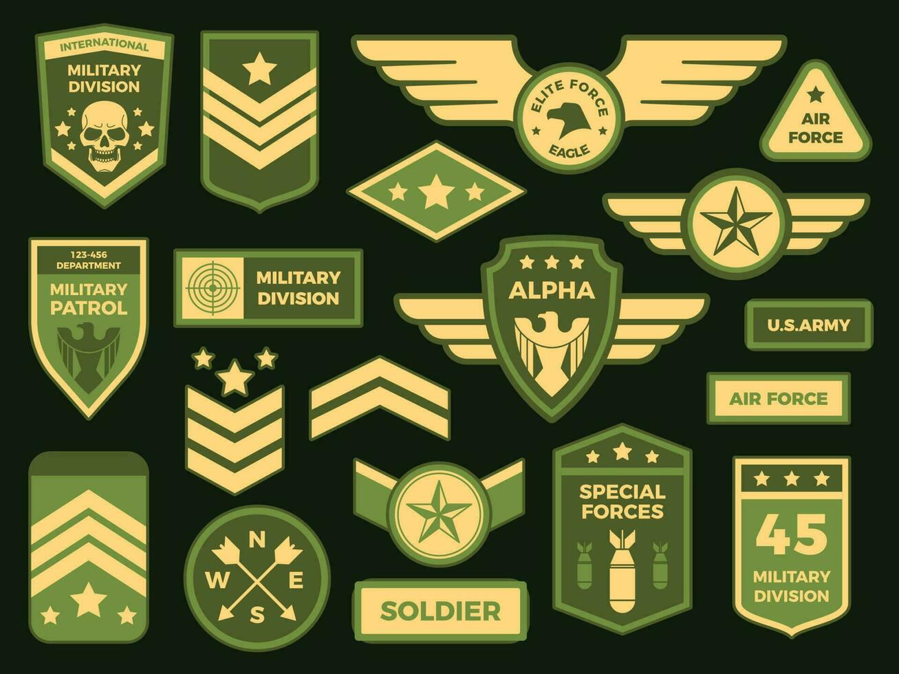 militare distintivi. americano esercito distintivo toppa o aerotrasportato squadrone chevron. badge vettore isolato illustrazione collezione