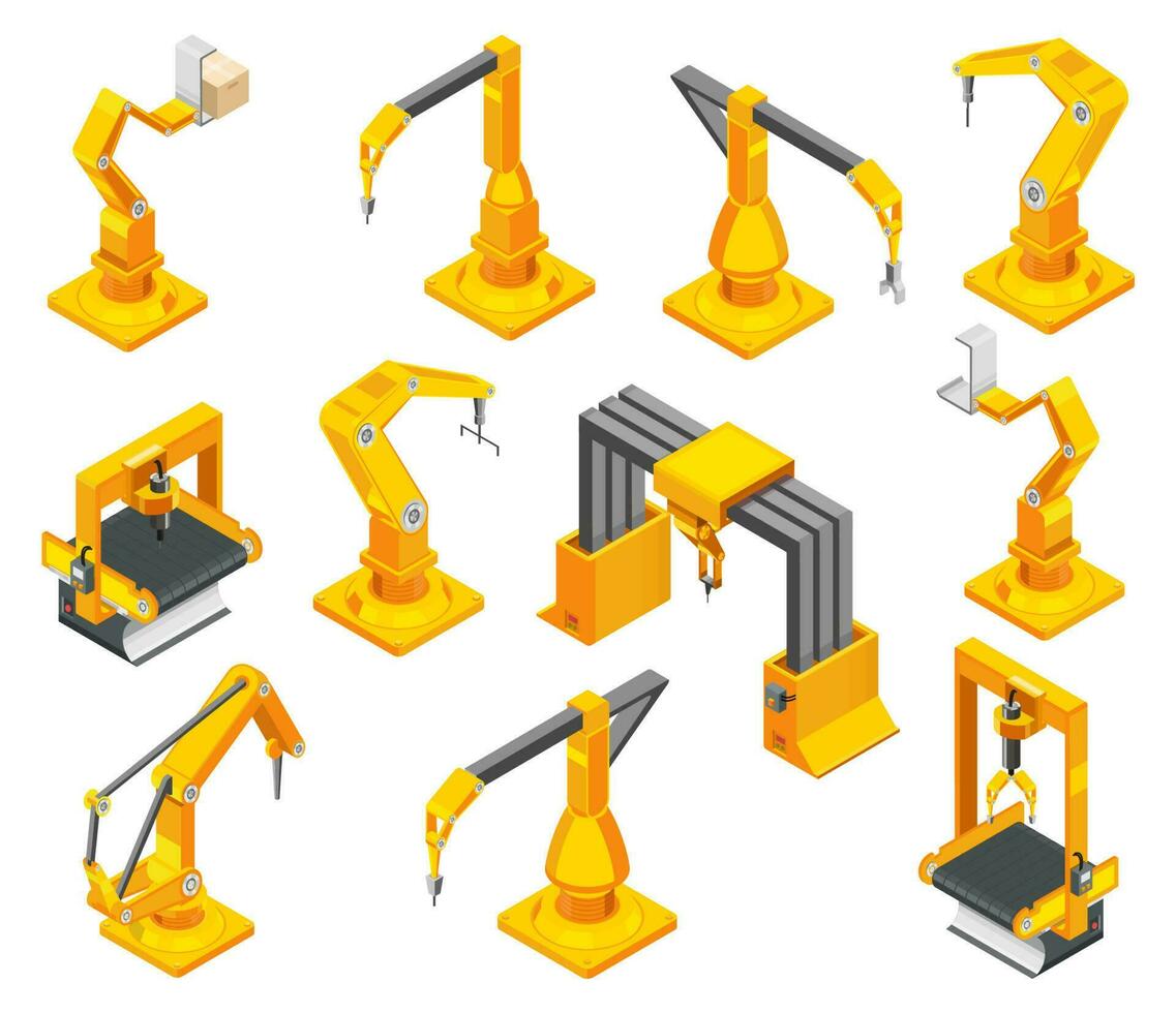 trasportatore macchine con robotica mano. isometrico impostato di giallo grigio automatico attrezzatura. industria tecnologia concetto. vettore illustrazione