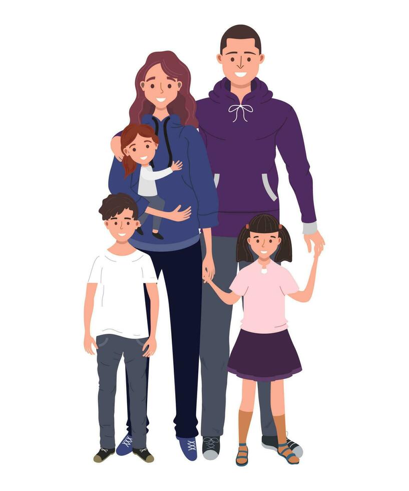 contento famiglia. padre, madre, Due figlie e figlio. vettore illustrazione