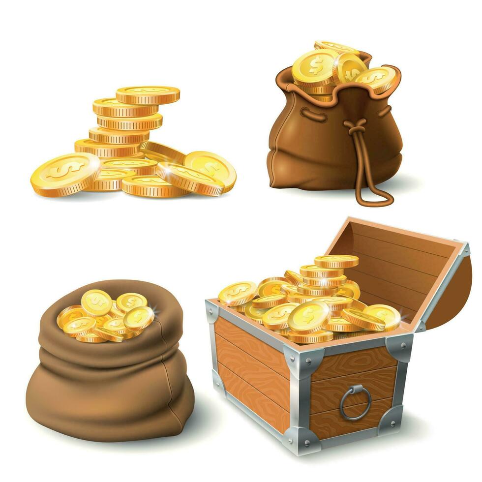 d'oro monete pile. moneta nel vecchio sacco, grande oro mucchio e il petto vettore