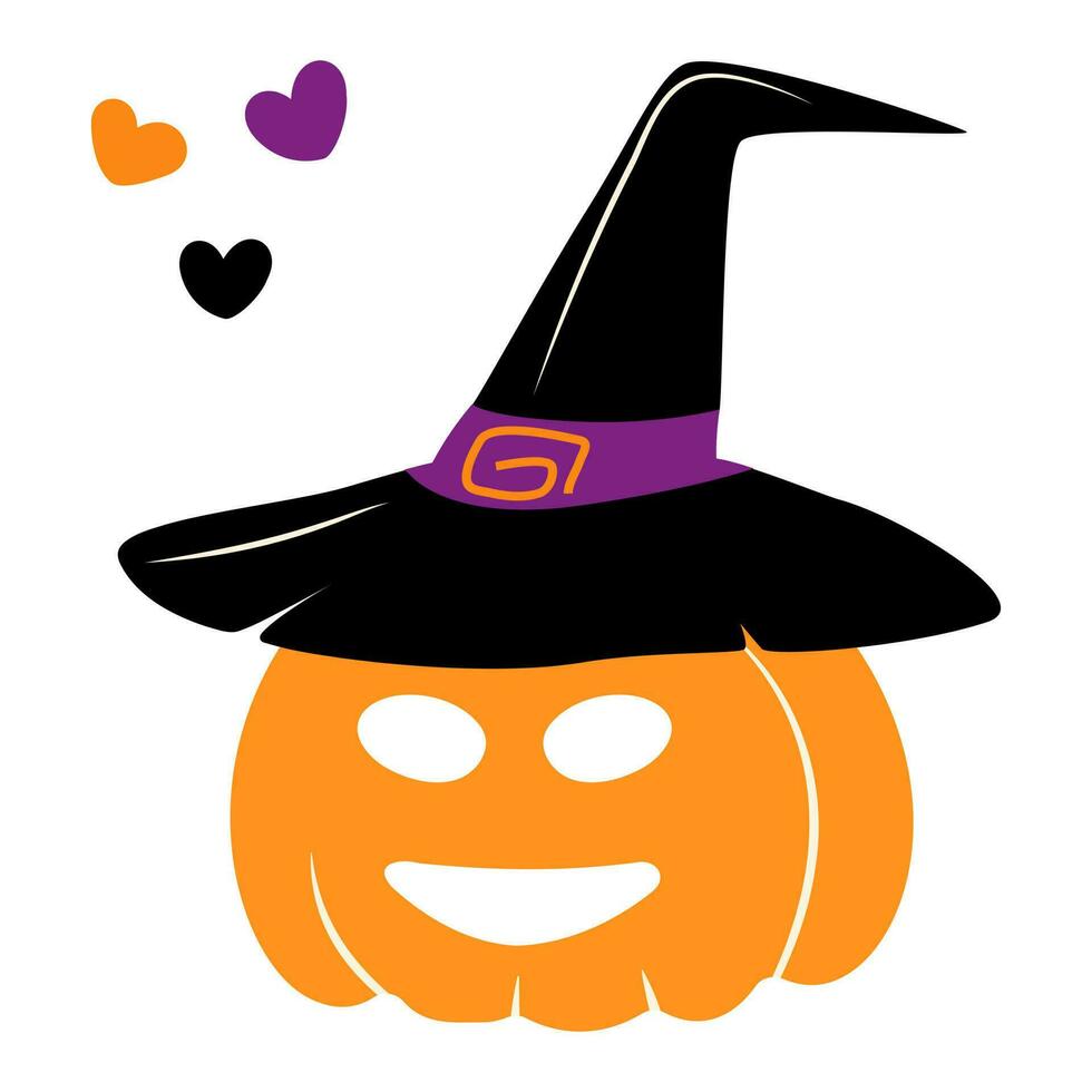 arancia zucca nel un' strega cappello con sorridente viso e cuori in giro nel di moda Halloween sfumature. vettore