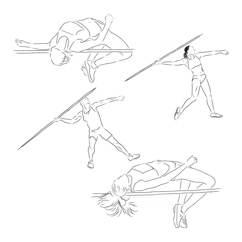 una raccolta di illustrazioni d'arte scarabocchio che include le seguenti illustrazioni di schizzo di vettore di atletica leggera di atletica leggera