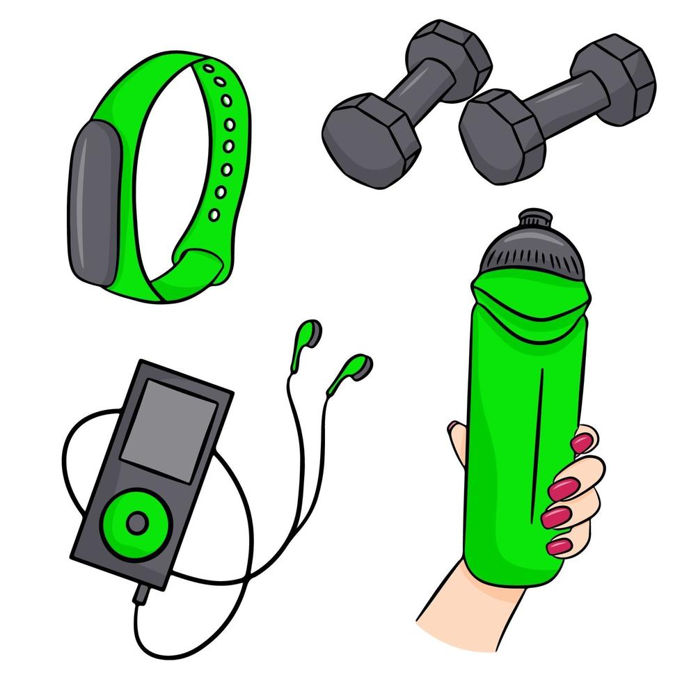 set vettoriale di accessori per il fitness in illustrazione vettoriale stile cartoon isolato su uno sfondo bianco