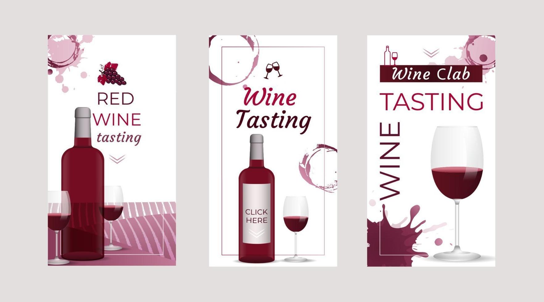 modelli di storie di invito a degustazione di vini con bottiglie di vino e bicchieri di vino con sfondo di macchie di vino vettore