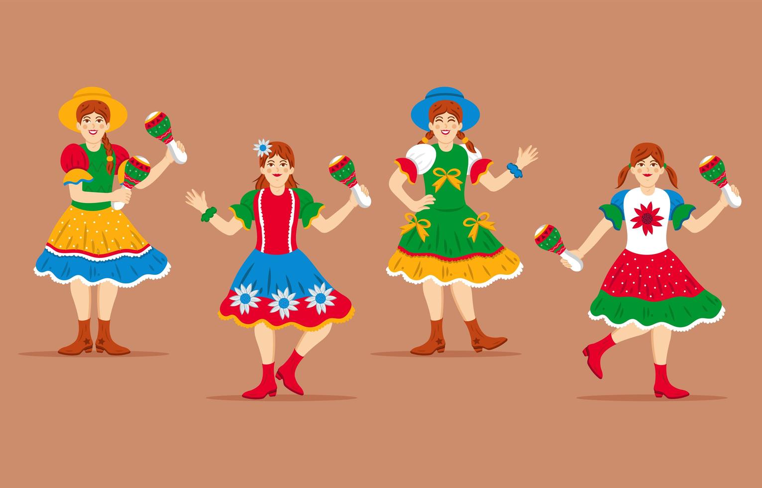 set di caratteri femminili per festa junina vettore