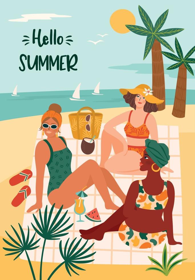illustrazione vettoriale di donna in costume da bagno sulla spiaggia tropicale. viaggio vacanza estiva holliday
