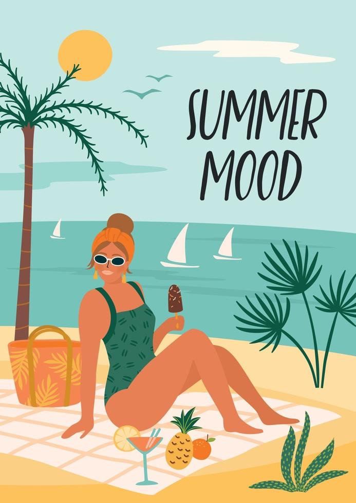 illustrazione vettoriale di donna in costume da bagno sulla spiaggia tropicale. viaggio di vacanza di vacanza estiva
