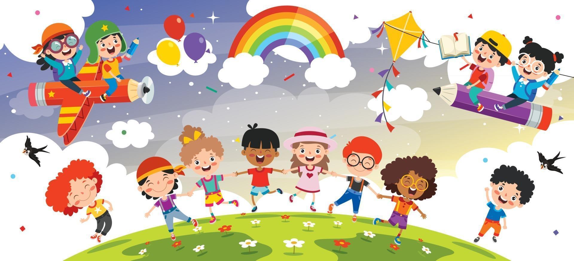 felici multietnici bambini che giocano insieme vettore