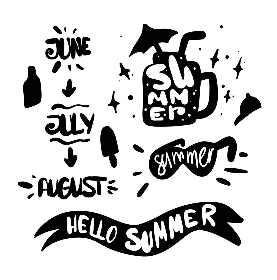 elementi di doodle di sagoma estiva con scritte mesi estivi giugno luglio agosto vettore