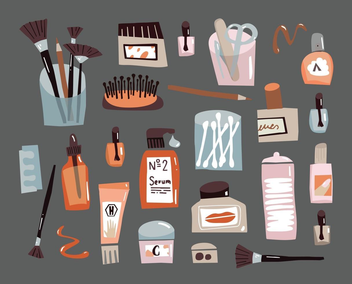 set doodle per la cura del viso accessori di bellezza per la cura quotidiana di cotton fioc, crema per unghie e pettine vettore