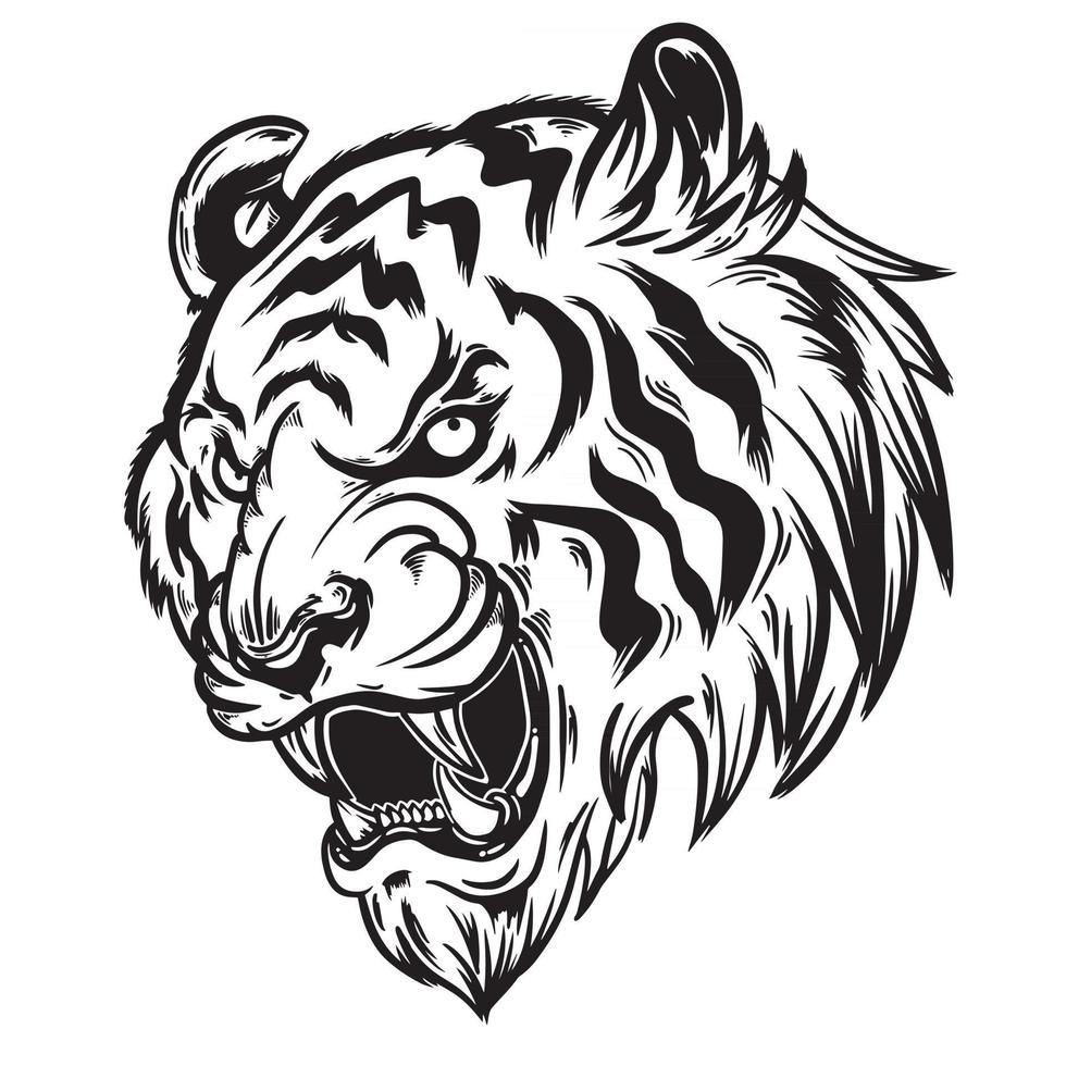 nero bianco illustrazione della testa di tigre arrabbiata vettore