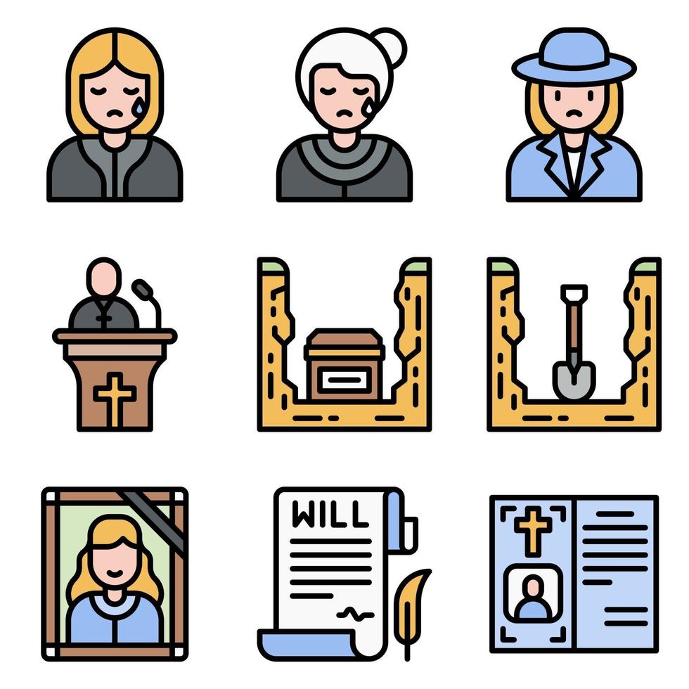set di icone vettoriali relative al funerale 6 pieni di stile
