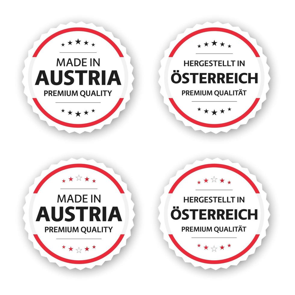 set di quattro etichette austriache prodotte in austria in tedesco hergestellt in osterreich adesivi e simboli di qualità premium con stelle semplice illustrazione vettoriale isolato su sfondo bianco