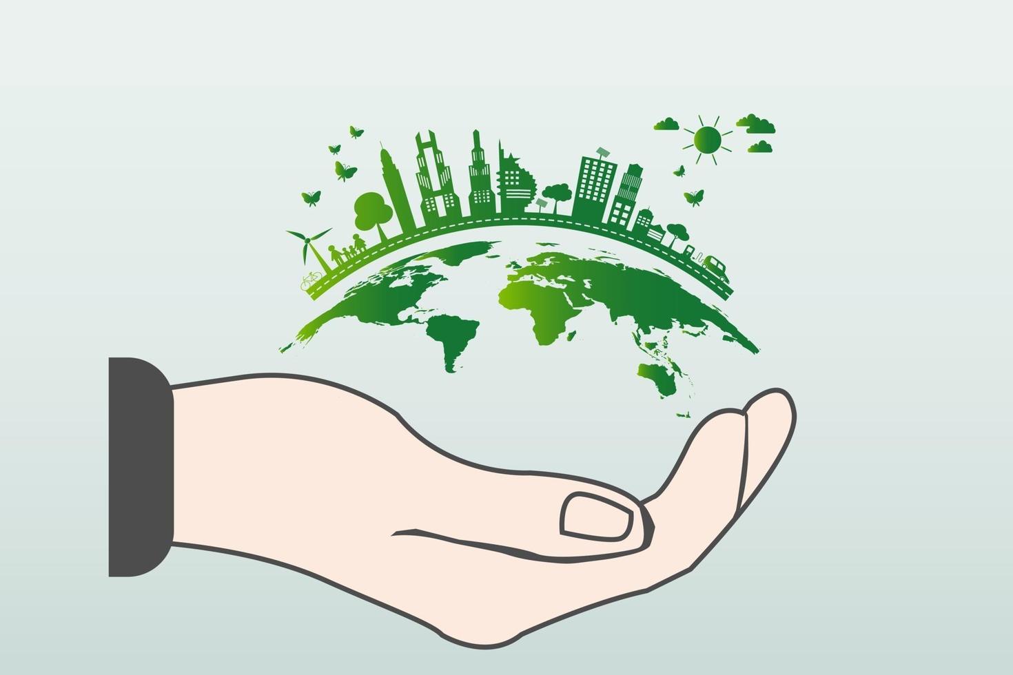 il mondo nelle tue mani concetto di ecologia città verdi aiutare il mondo con un'idea di concetto eco-friendly con globo e albero vettore