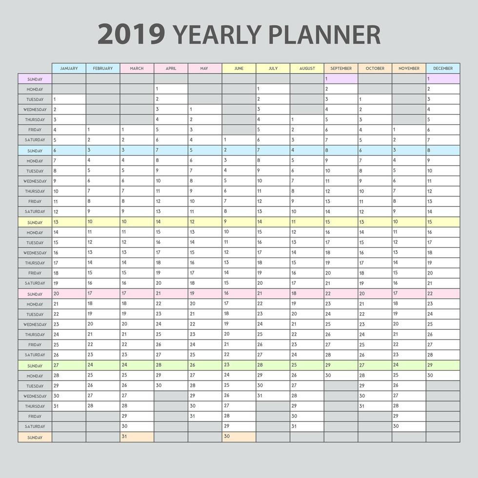 illustrazione vettoriale di pianificatore annuale 2019