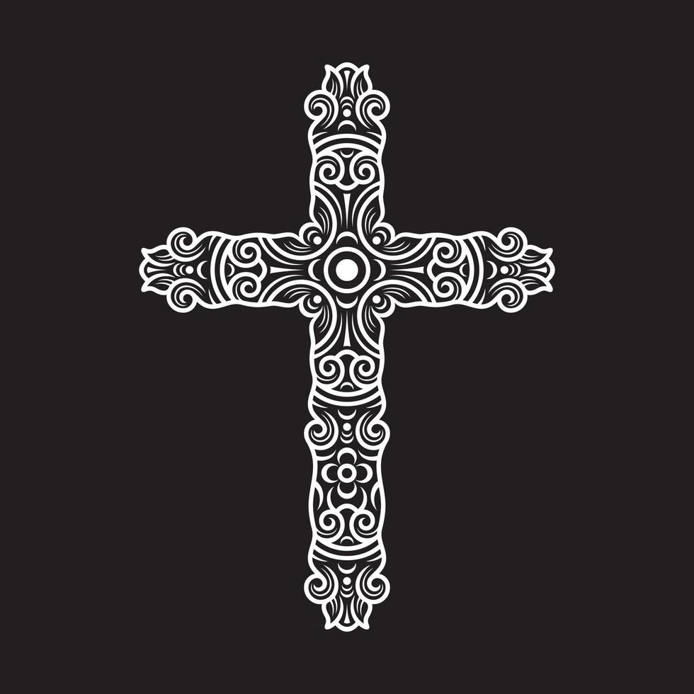 croce cristiana ornata su fondo nero vettore
