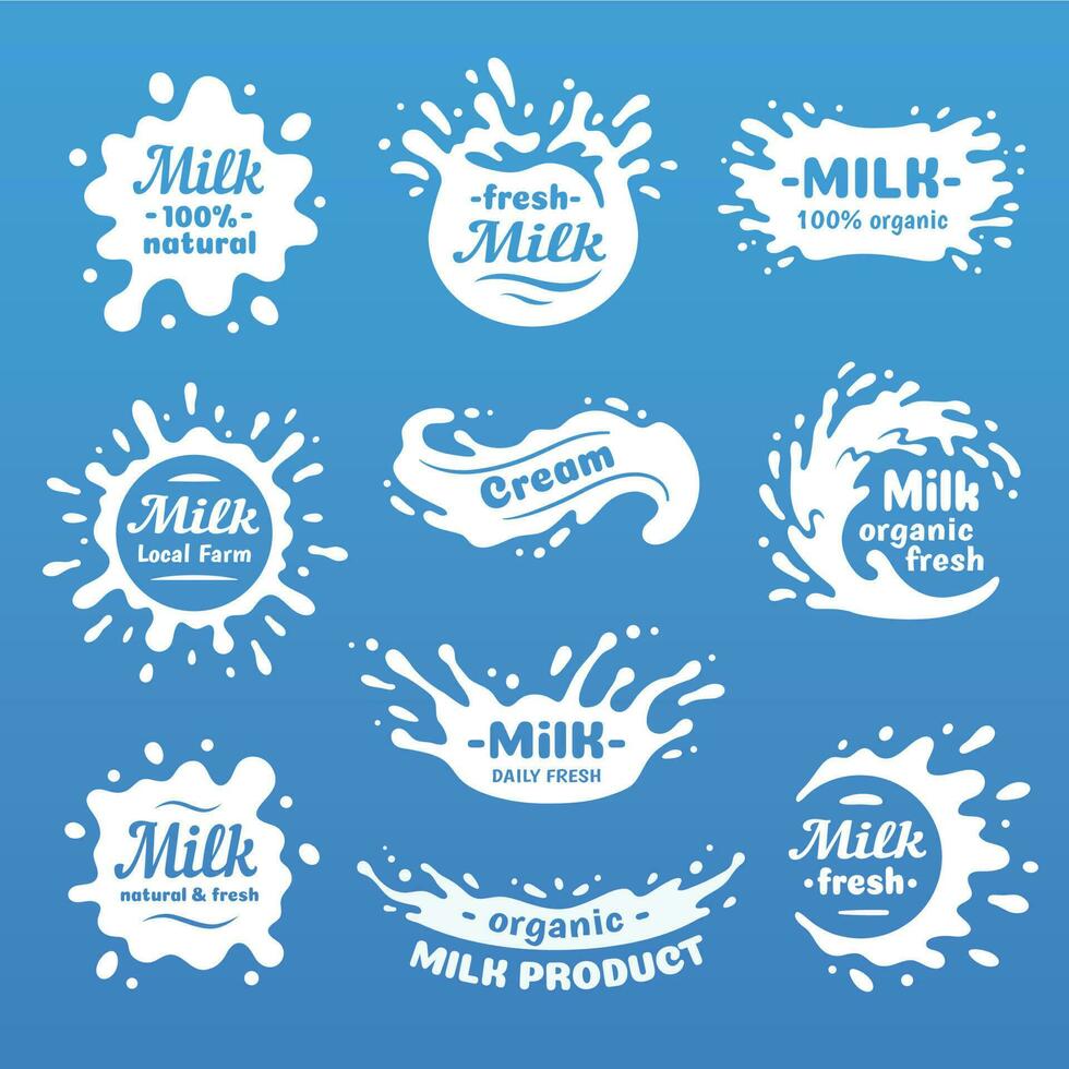 mucca latte spruzzi con lettere. isolato latti spruzzo per Salute cibo negozio, latteria logo vettore etichetta