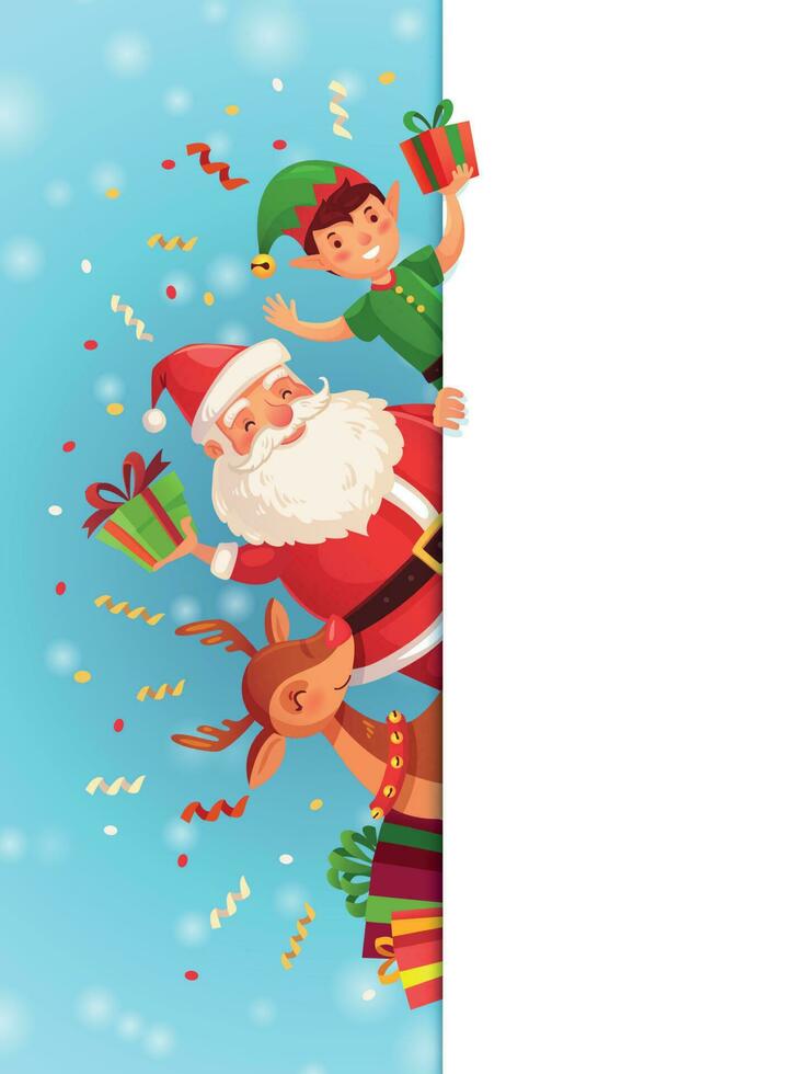 Natale cartone animato personaggi. Santa claus, natale elfo personaggio e renna con rosso naso sidebar cartello vettore sfondo