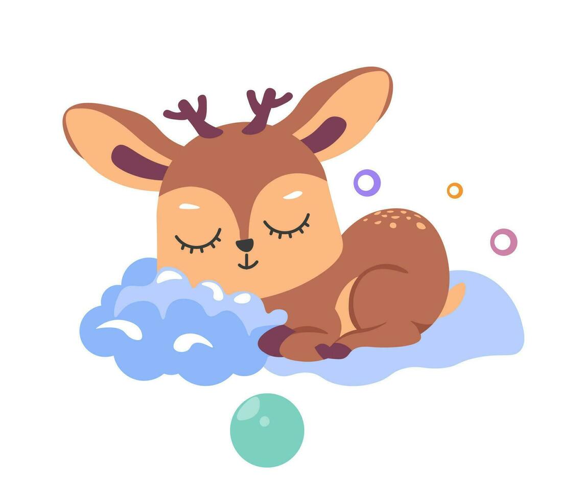 assonnato cervo animale personaggio su soffice nuvole vettore