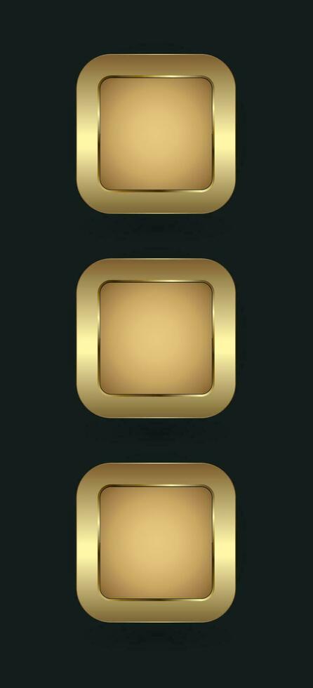 gruppi di tre rettangolo vuoto, pulsante, striscione, utente interfaccia nel oro e premio per sito web ux,ui vettore concetti design
