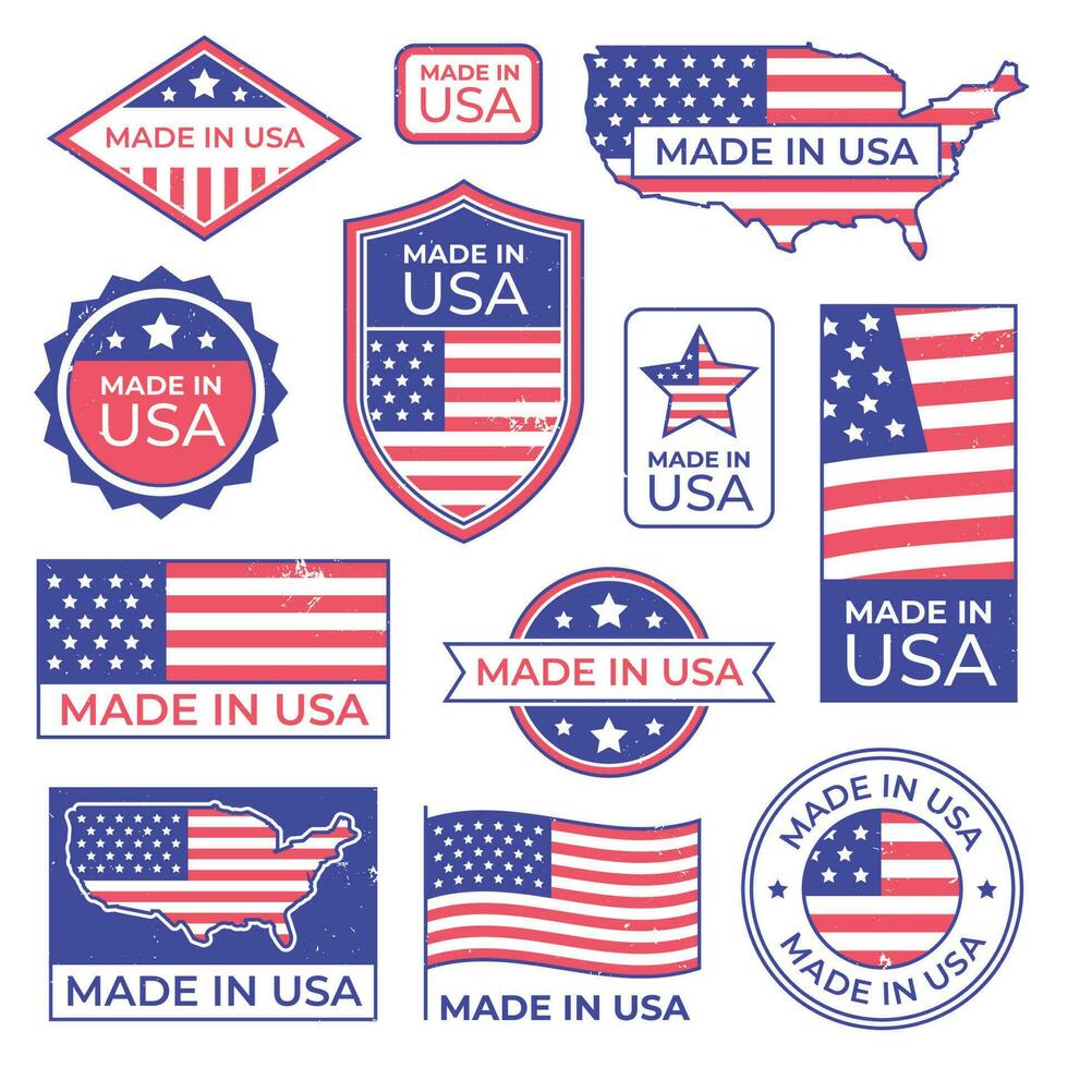 fatto nel Stati Uniti d'America logo. americano orgoglioso patriota etichetta, produzione per Stati Uniti d'America etichetta francobollo e unito stati di America patriottico bandiera vettore impostato