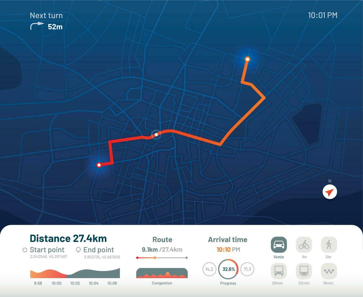 itinerario Pannello. città strada carta geografica navigazione, cittadina in esecuzione itinerari e GPS puntamento mappe App piatto vettore illustrazione